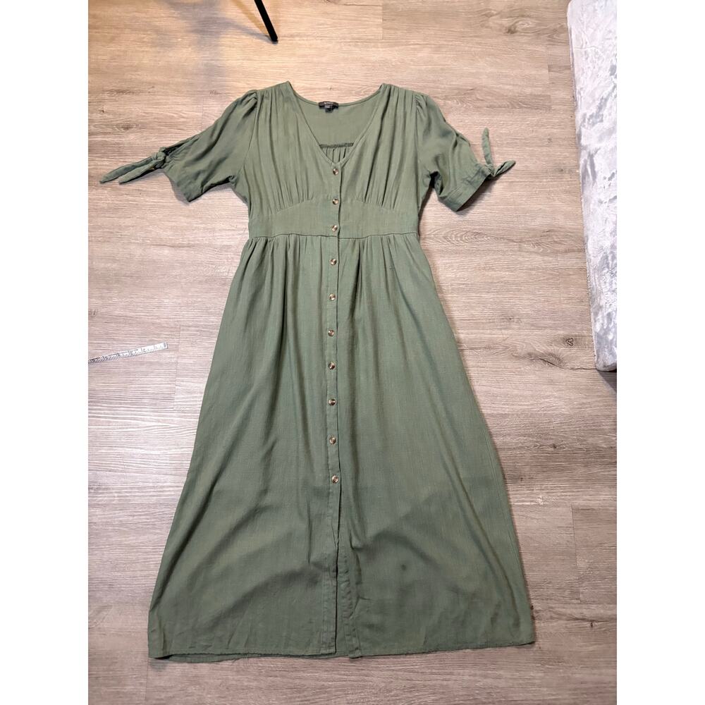 &Merci Sage Green Linen Midi Button Front Peasant Dress Large Fit Flare Casual - Picture 8 of 14